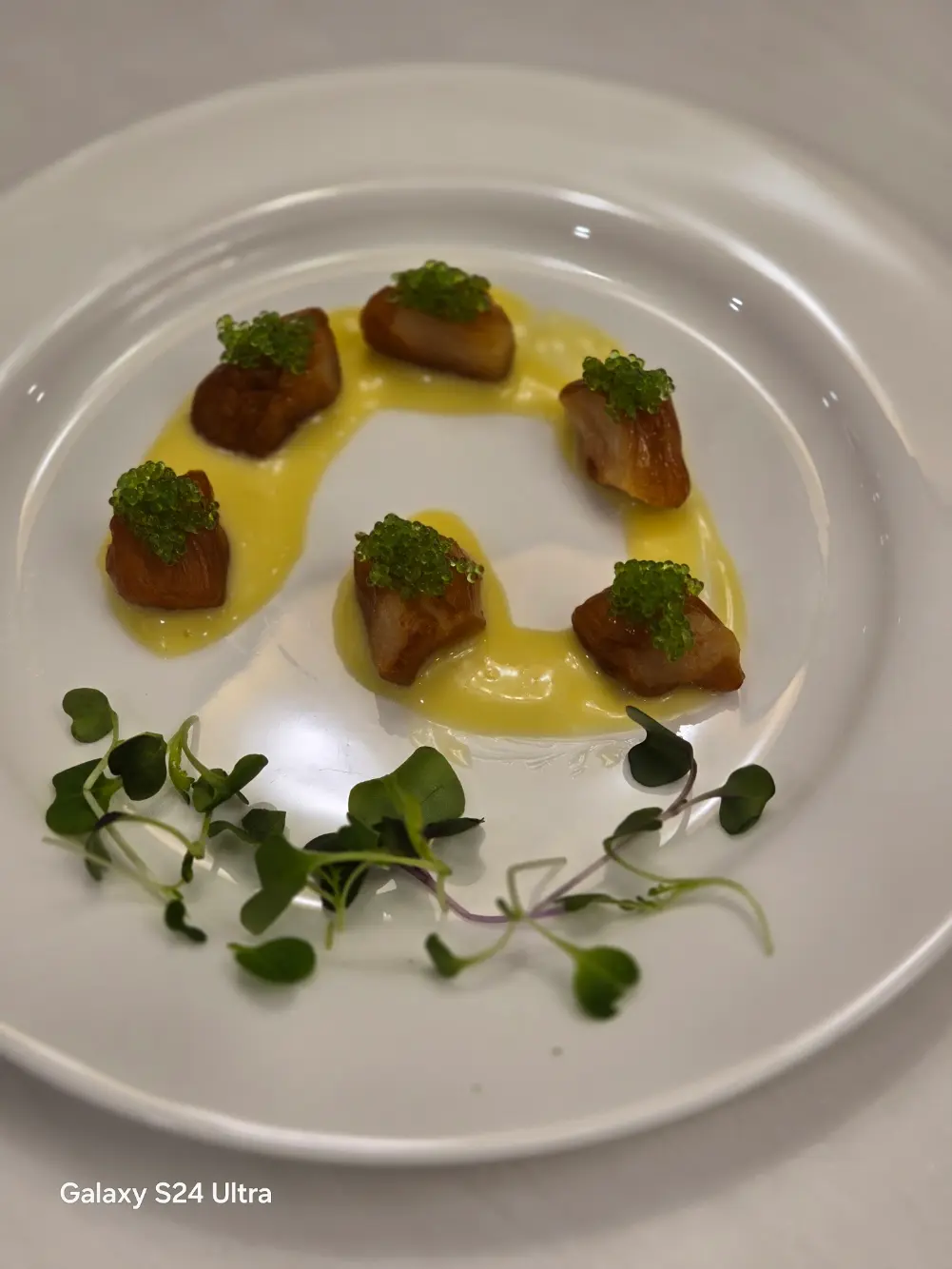 Smoked scallops arranged in a circle with green garnish and golden sauce.