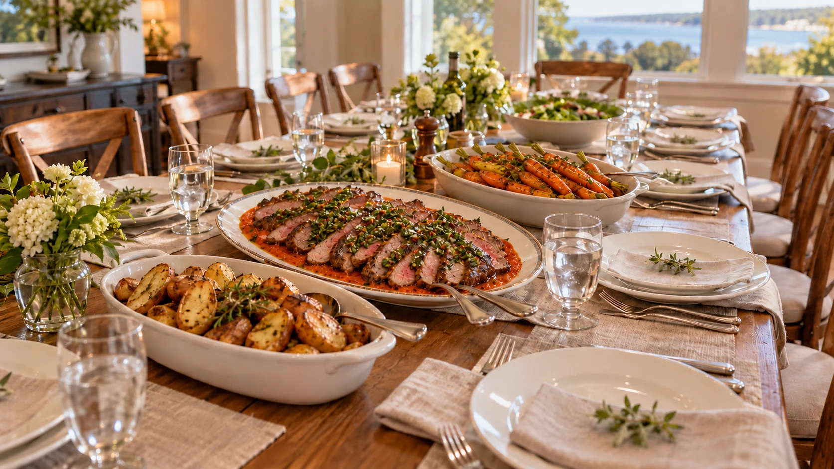 A family-style dinner table set with shared platters, flowers and candlelight.