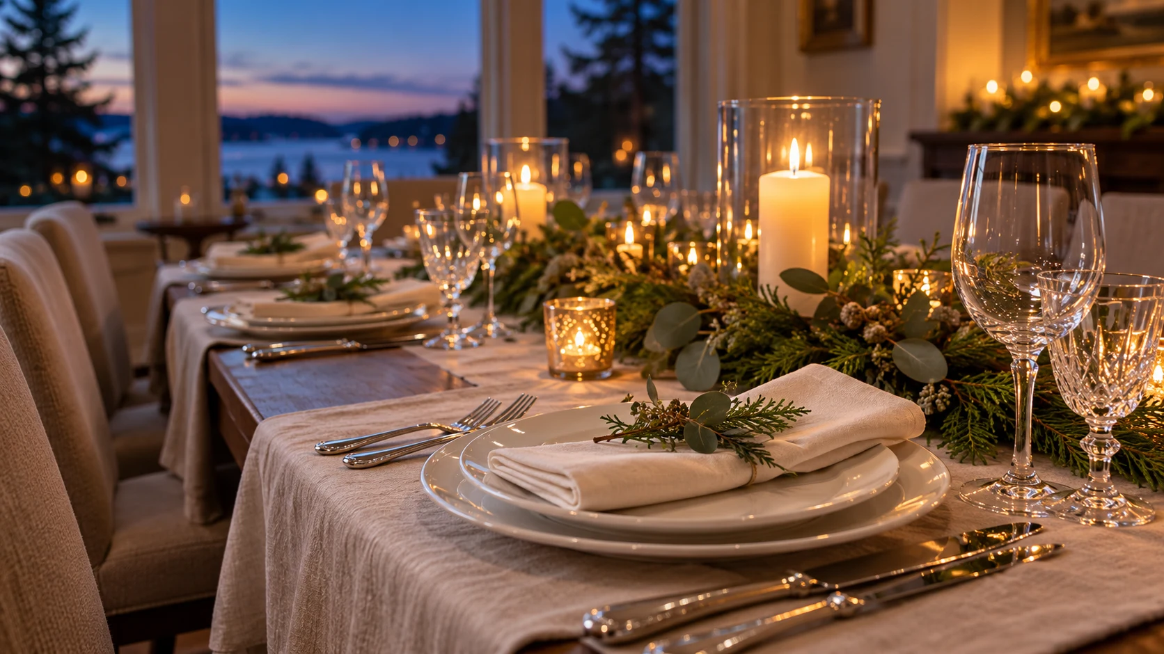 A holiday dining table with candles, greenery and formal place settings beside a waterfront window.