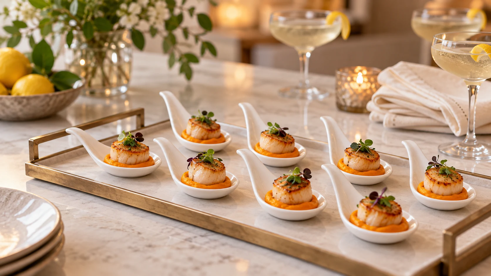 Small appetizers arranged on tasting spoons at an elegant dinner table.