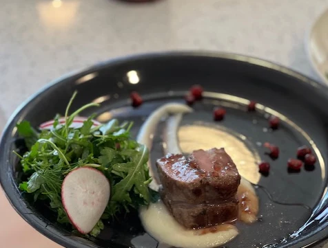Stuffed lamb loin with puree, leafy greens and radish on a dark plate.