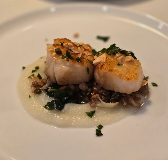 Two golden Atlantic sea scallops with greens and a pale sauce.